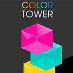 Kolorowe przezroczyste sześciany ułożone w wieżę na ciemnym tle z napisem Color Tower u góry