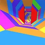 Tunel złożony z kolorowych, geometrycznych wzorów, tworzący efekt iluzji optycznej w jaskrawych barwach