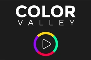 Napis COLOR VALLEY na czarnym tle z kolorowym pierścieniem i ikoną odtwarzania w centrum