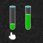Dwa probówki z zielonym płynem na tle z motywem muszli, z ikoną ręki wskazującej poniżej