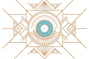Geometryczny wzór z centralnym niebieskim kołem otoczonym złotymi liniami i trójkątami