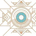 Geometryczny wzór z centralnym niebieskim kołem otoczonym złotymi liniami i trójkątami