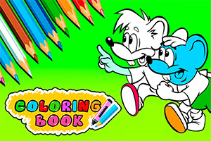 Dwie kreskówkowe postacie wesołych zwierząt na zielonym tle z kolorowymi kredkami i napisem Coloring Book
