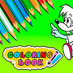 Dwie kreskówkowe postacie wesołych zwierząt na zielonym tle z kolorowymi kredkami i napisem Coloring Book