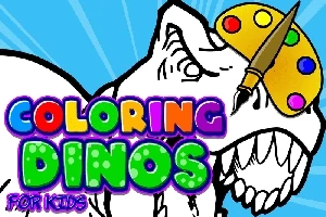 Czarno-biały dinozaur w kapeluszu malarskim z kolorową paletą i pędzlem, z kolorowym napisem „COLORING DINOS FOR KIDS” na niebieskim tle