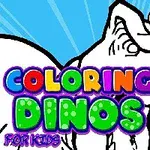 Czarno-biały dinozaur w kapeluszu malarskim z kolorową paletą i pędzlem, z kolorowym napisem „COLORING DINOS FOR KIDS” na niebieskim tle
