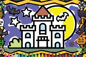 Rysunek przedstawia kolorowy zamek z czerwonym dachem na tle pełni księżyca, otoczony nietoperzami, gwiazdkami i halloweenowymi symbolami, takimi jak dynie i czarownice