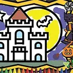 Rysunek przedstawia kolorowy zamek z czerwonym dachem na tle pełni księżyca, otoczony nietoperzami, gwiazdkami i halloweenowymi symbolami, takimi jak dynie i czarownice