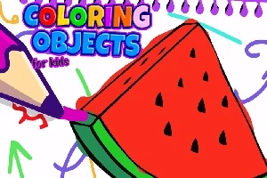 Kolorowy rysunek kawałka arbuza z kredką malującą na fioletowo, otoczony kolorowymi wzorami i napisem Coloring Objects for kids
