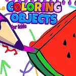 Kolorowy rysunek kawałka arbuza z kredką malującą na fioletowo, otoczony kolorowymi wzorami i napisem Coloring Objects for kids