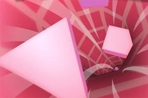 Różowe geometryczne kształty, takie jak trójkąty i ośmiokąty, unoszą się w wirze na tle czerwono-różowej spirali