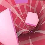 Różowe geometryczne kształty, takie jak trójkąty i ośmiokąty, unoszą się w wirze na tle czerwono-różowej spirali