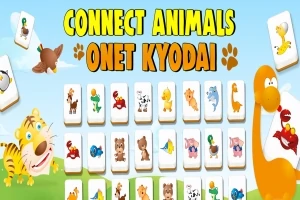 Kolorowa grafika z napisem Connect Animals Onet Kyodai, przedstawiająca kafelki z obrazkami zwierząt, tygrysa i dinozaura na tle nieba