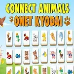 Kolorowa grafika z napisem Connect Animals Onet Kyodai, przedstawiająca kafelki z obrazkami zwierząt, tygrysa i dinozaura na tle nieba
