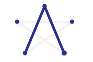 Niebieska linia tworząca literę A z punktami na końcach i jasną szarą gwiazdą w tle