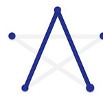 Niebieska linia tworząca literę A z punktami na końcach i jasną szarą gwiazdą w tle