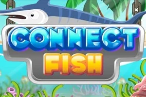Rekin z wielkim napisem CONNECT FISH na tle kolorowego podwodnego świata z roślinami i koralowcami