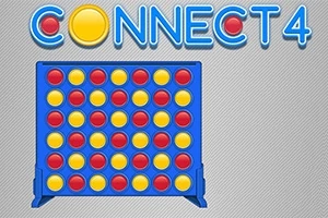 Niebieska plansza z rzędami żółtych i czerwonych krążków oraz napis CONNECT 4 na szarym tle