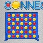 Niebieska plansza z rzędami żółtych i czerwonych krążków oraz napis CONNECT 4 na szarym tle