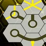 Sześć sześciokątów z połączonymi liniami i symbolami w kolorach żółtym i czarnym na geometrycznym tle