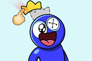 Niebieska postać z jednym okiem guzikowym, otwartymi ustami i żółtą koroną unoszącą się nad głową, wskazywaną przez rysunkową dłoń