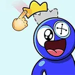 Niebieska postać z jednym okiem guzikowym, otwartymi ustami i żółtą koroną unoszącą się nad głową, wskazywaną przez rysunkową dłoń