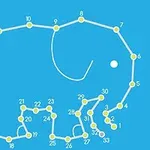 Szkic słonia utworzony z połączonych punktów na niebieskim tle