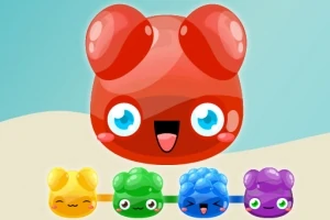 Czerwona uśmiechnięta postać z dużymi oczami na tle, z szeregiem mniejszych, kolorowych postaci na dole: żółtej, zielonej, niebieskiej i fioletowej