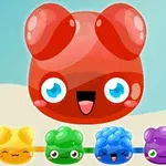 Czerwona uśmiechnięta postać z dużymi oczami na tle, z szeregiem mniejszych, kolorowych postaci na dole: żółtej, zielonej, niebieskiej i fioletowej