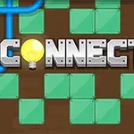 Napis Connector z żarówką jako literą O na tle zielonych płytek i niebieskich rur