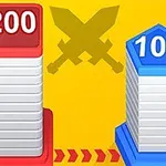 Stosy z numerami 200 i 100 na czerwonym i niebieskim tle z żółtym tłem i ikoną skrzyżowanych mieczy