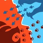 Dwie przeciwstawne strony z motywem zwierząt, po lewej czerwone tło z sylwetką lwa i łapami, po prawej niebieskie tło z sylwetką rekina i rybami, oddzielone białą linią