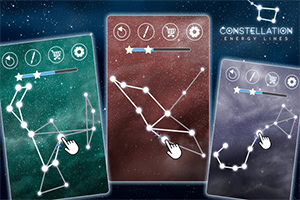 Trzy kolorowe plansze z ilustracjami gwiazdozbiorów połączone liniami i ikonami dłoni na tle gwiaździstego nieba