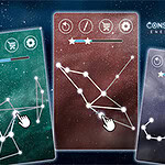 Trzy kolorowe plansze z ilustracjami gwiazdozbiorów połączone liniami i ikonami dłoni na tle gwiaździstego nieba