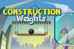 Napis Construction Weights umieszczony nad czarną kulą wiszącą na platformie z elementami budowlanymi na tle miejskiego krajobrazu