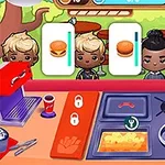 Postacie stojące przy ladzie zamawiające hamburgery i frytki w kolorowej scenerii kuchennej