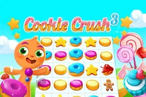 Kolorowa plansza z ciastkami, pączkami, cukierkami i piernikowym ludzikiem na tle nieba z chmurkami i napisem Cookie Crush 3