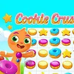Kolorowa plansza z ciastkami, pączkami, cukierkami i piernikowym ludzikiem na tle nieba z chmurkami i napisem Cookie Crush 3