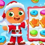 Postać w stroju Mikołaja obok planszy z różnorodnymi kolorowymi ciastkami i pączkami