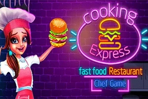 Kobieta w różowej czapce kucharskiej trzymająca burgera, obok świecący neon z napisem cooking express oraz innymi kolorowymi słowami na tle ceglanej ściany