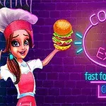 Kobieta w różowej czapce kucharskiej trzymająca burgera, obok świecący neon z napisem cooking express oraz innymi kolorowymi słowami na tle ceglanej ściany