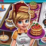 Dziewczyna z blond włosami trzyma stos naleśników i stoi obok kuchenki z patelnią, a w tle widoczne są inne potrawy i składniki