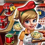 Postać z blond włosami trzyma talerz z pieczonym udkiem kurczaka i puree ziemniaczanym w kuchni pełnej kolorowych garnków i patelni