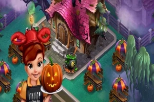 Kobieta w czerwonym kapeluszu trzymająca lampion z dyni na tle domu w stylu halloweenowym z różowym dachem i kociołkiem przed wejściem