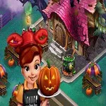 Kobieta w czerwonym kapeluszu trzymająca lampion z dyni na tle domu w stylu halloweenowym z różowym dachem i kociołkiem przed wejściem