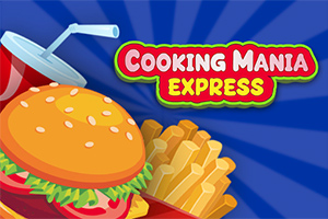 Burger z frytkami i napojem na niebieskim tle z napisem Cooking Mania Express
