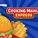 Burger z frytkami i napojem na niebieskim tle z napisem Cooking Mania Express