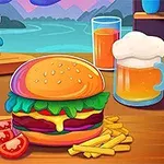 Kolorowa ilustracja przedstawiająca dwa hamburgery z frytkami na drewnianym stole, z napojami w tle