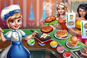 Kucharz w niebieskim stroju przygotowuje potrawy na grillu w restauracji, a dwie kobiety czekają z zamówieniami przy ladzie