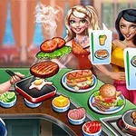 Kucharz w niebieskim stroju przygotowuje potrawy na grillu w restauracji, a dwie kobiety czekają z zamówieniami przy ladzie